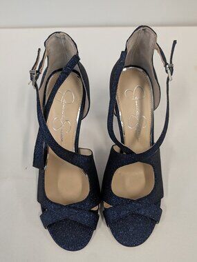 Jessica Simpson Navy Blue Glitter Criss-Cross Strappy Heels – Size 8.5